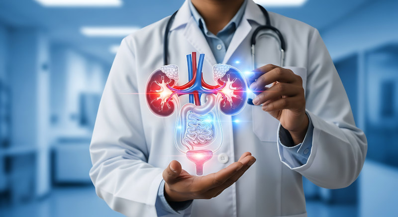 Doctor presenting healthy urinary system